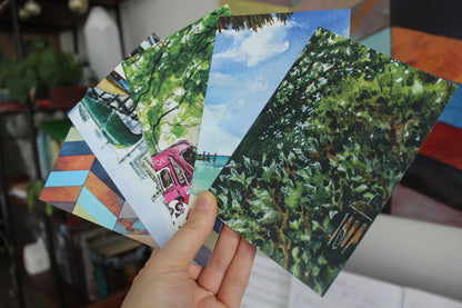 Postcard - Wooden Wind Chimes in Summer watercolour painting