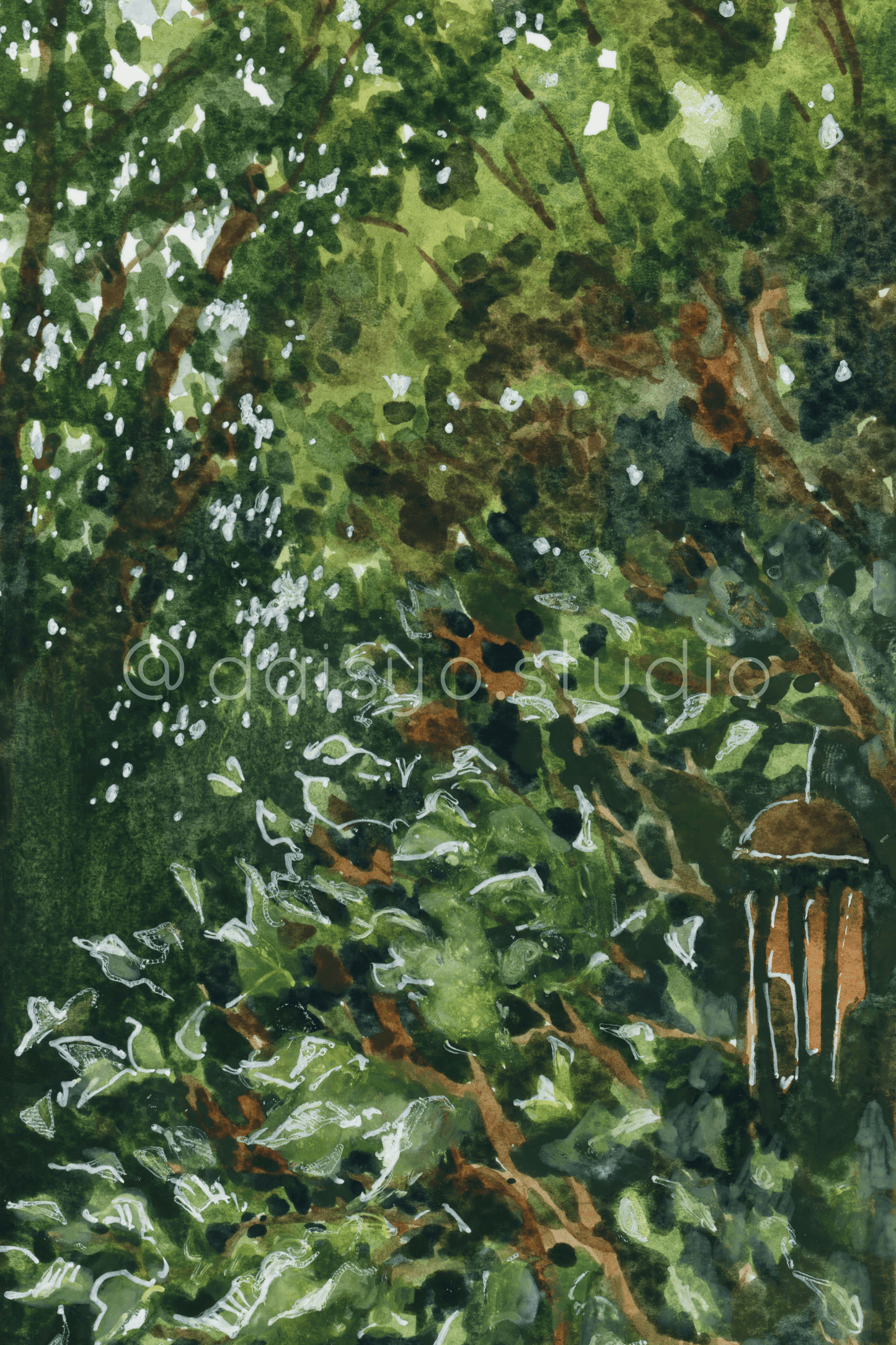 Postcard - Wooden Wind Chimes in Summer watercolour painting